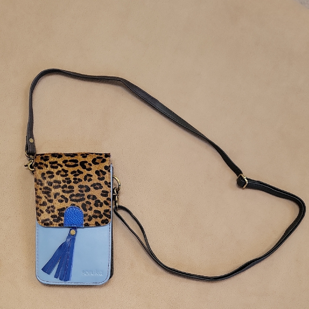 Soruka Gia Blue & Leopard Print Upcycled Leather Crossbody Bag OOAK NWT - Picture 2 of 13